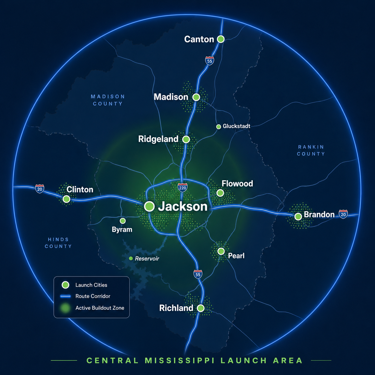 Central Mississippi GoFetch launch area map showing Jackson, Madison, Ridgeland, Clinton, Flowood, Brandon, Pearl, Richland, Canton, Byram, Gluckstadt, and surrounding service corridors