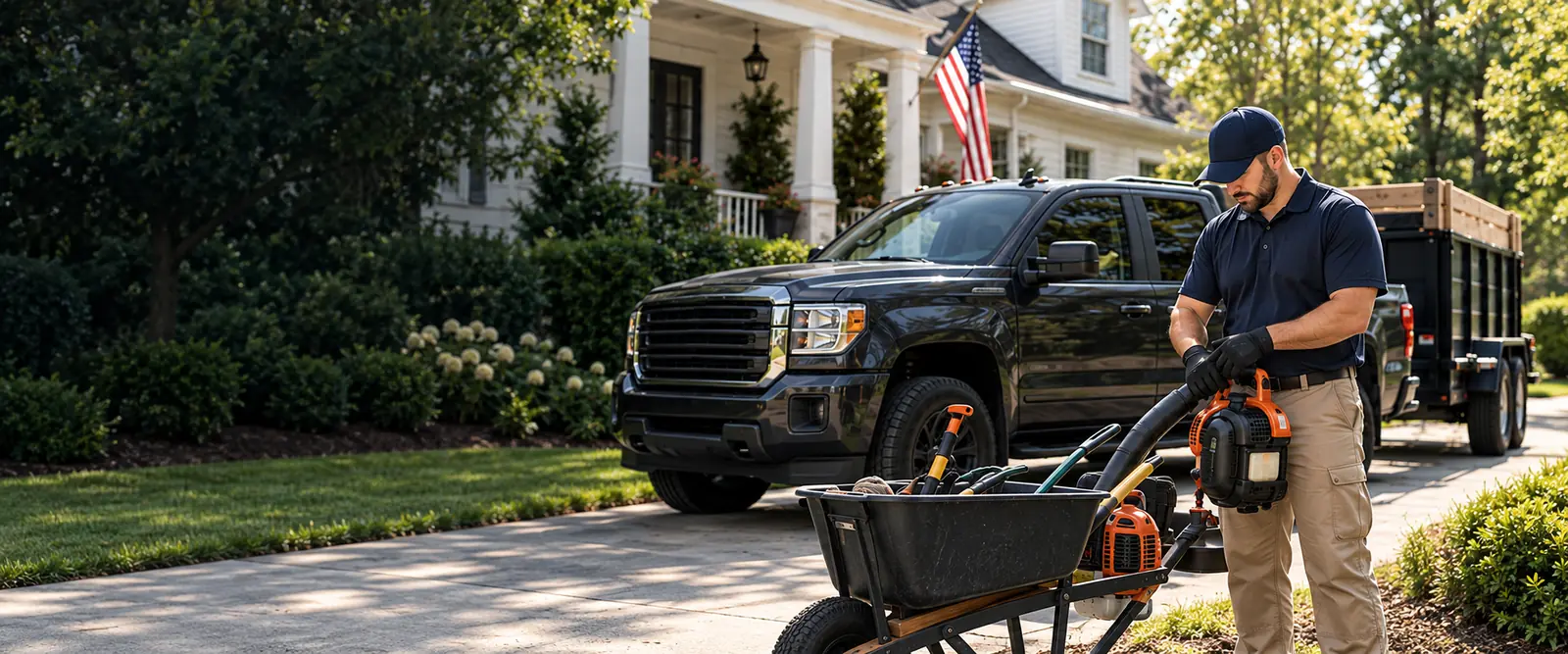 GoFetch service professional preparing equipment beside a work truck and trailer at a Central Mississippi home